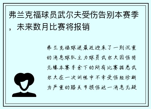 弗兰克福球员武尔夫受伤告别本赛季，未来数月比赛将报销